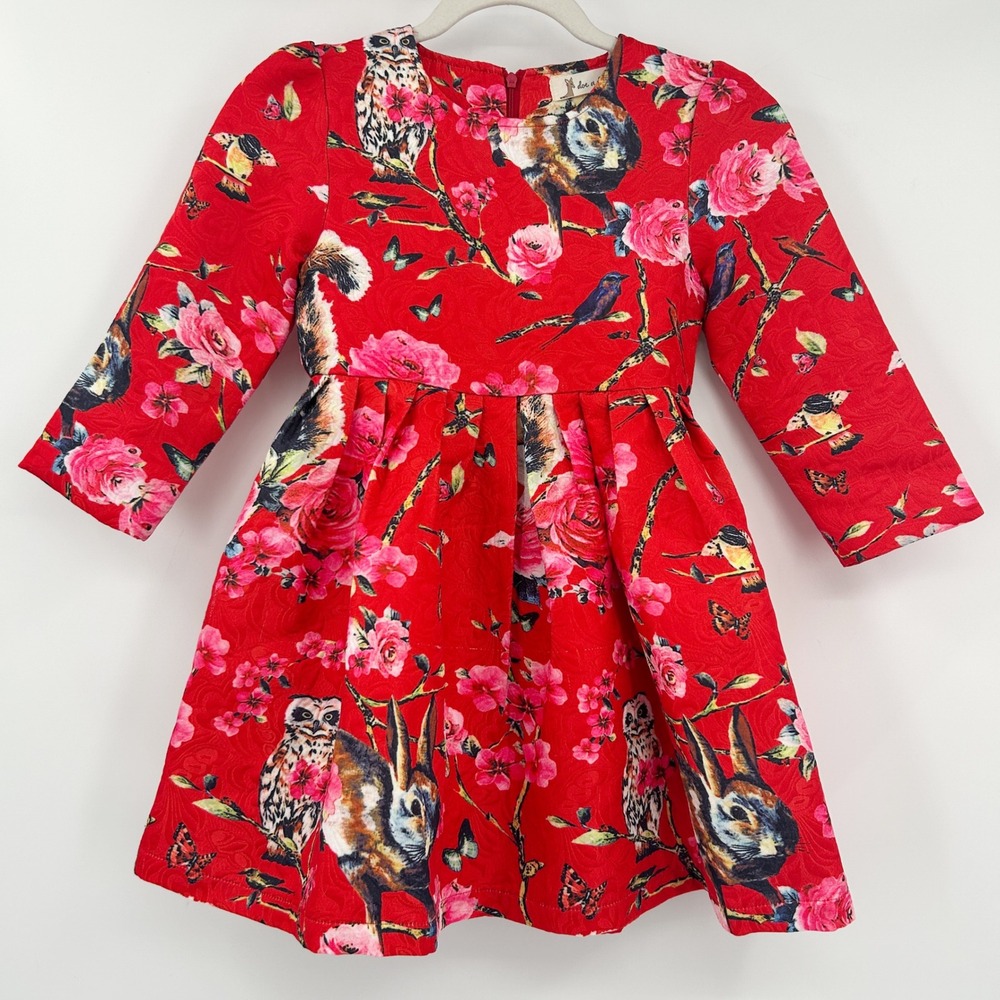 Doe A‎ Dear Girls Red Floral Animal Print Dress Size 7 Flowers Owls